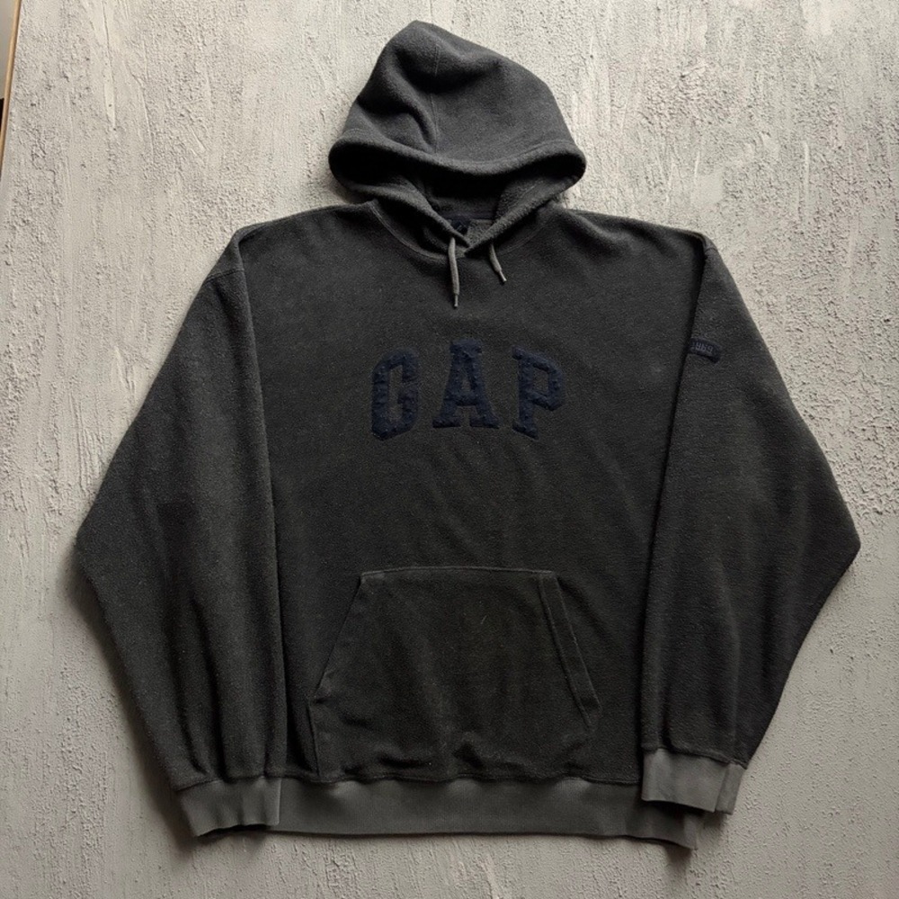 Vintage GAP Fleece Hoodie XXL Grey 90s Spellout Pullover Sweatshirt